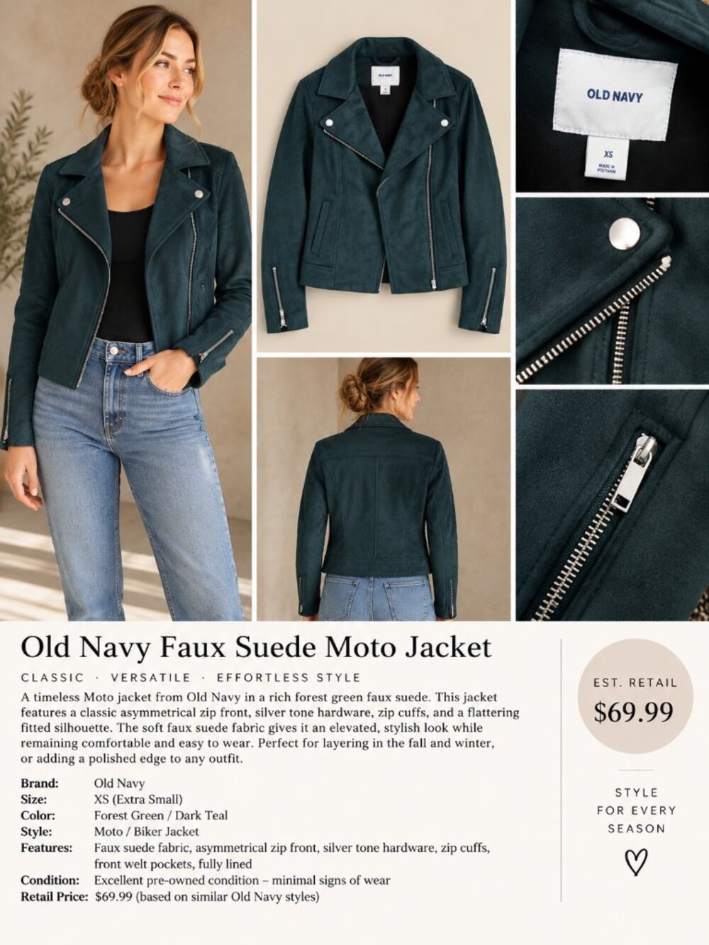 Old Navy Faux Suede Moto Jacket XS Forest Green Dark Teal Biker Jacket